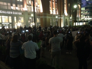 Protesters gathered outside the American Airlines Center during Donald Trump's speech Monday night.