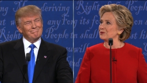 Donald Trump and Hillary Clinton speaking at the 1st Presidential Debate at Hofstra University, New York on September 26, 2016.