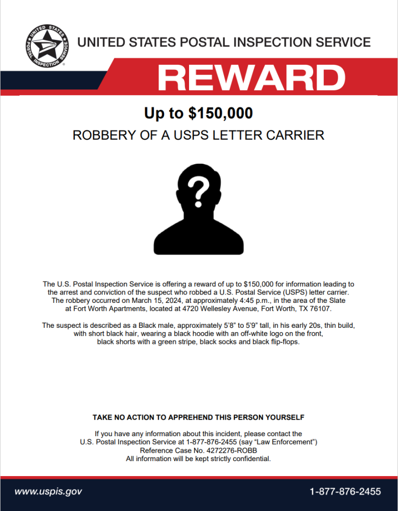 USPS Searches for Fort Worth Carrier Robber; Offers Up To $150,000 Reward for Info Leading to Arrests thumbnail